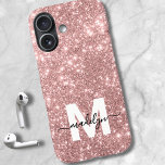 Coques iPhone 16 Blush Pink Rose Gold Glitter Name Monogram<br><div class="desc">Personalized Rose Gold Blush Pink Faux Glitter Sparkle Initial Monogram Phone Case. Add a touch of elegance and glamour to your phone with this stylish personalized phone case. Featuring a soft blush pink faux glitter sparkle background, a crisp white initial letter, and a sleek black script name, this design brings...</div>