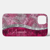 Coques Case-Mate iPhone Blush rose chic fuchsia pailleté feuilles monogram (Verso (horizontal))
