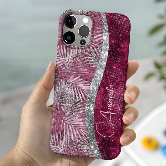 Coques Case-Mate iPhone Blush rose chic fuchsia pailleté feuilles monogram