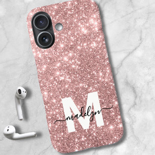 Coques iPhone 16 Blush Rose Gold Pailleté Monogramme Prénom