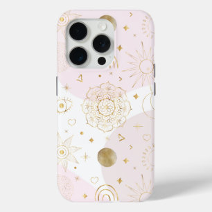 Coque iPhone 15 Pro Boho Astrologie Gold Motif céleste
