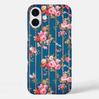 Coques iPhone 16 Plus Boho bleu marine rose rose floral rose rayures or