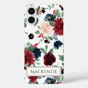 Coques iPhone 16 Plus Boho Bloom   Monogramme bleu marine bleu Bourgogne