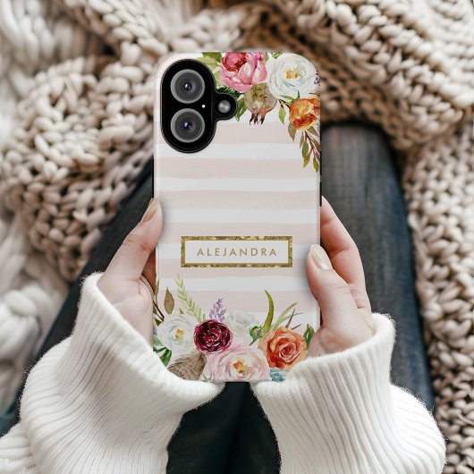 Coques Case-Mate iPhone Boho Blooms Blush Rayure Monogramme