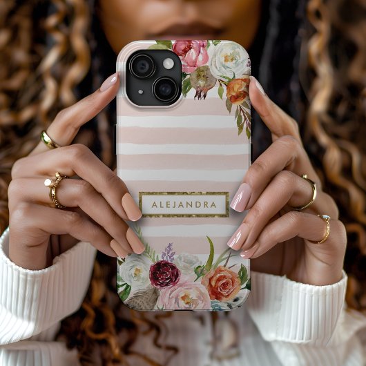 Coques Case-Mate iPhone Boho Blooms Blush Rayure Monogramme