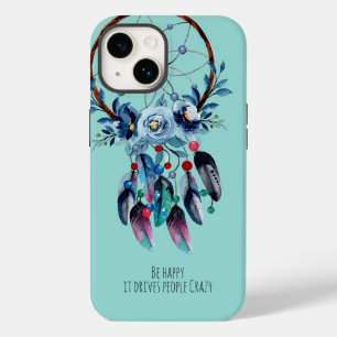 Coque Pour iPhone 14 Boho Blue Dreamcatcher Fun Citation Plumes Florale