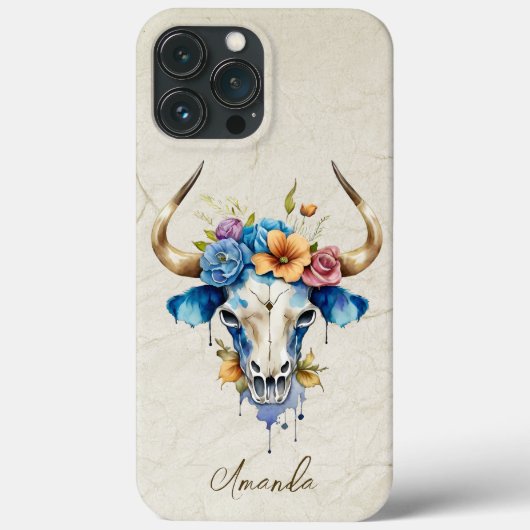 Coques Case-Mate iPhone Boho Chic Aquarelle Florale Vache Crâne (Verso)