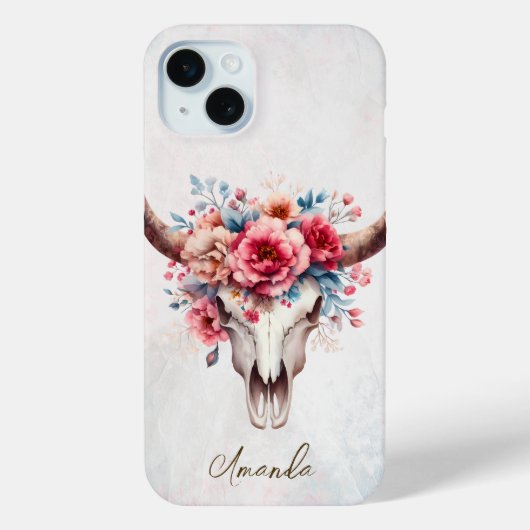 Coques Case-Mate iPhone Boho Chic Aquarelle Florale Vache Crâne (Verso)