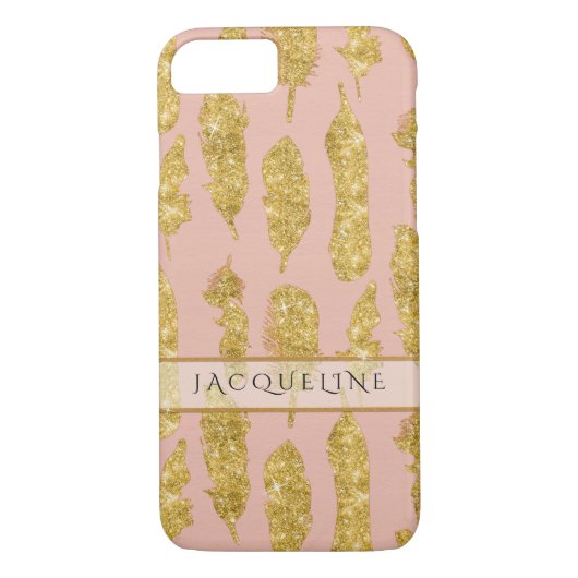 Coques Case-Mate iPhone Boho Feathers Gold Parties scintillant Pink Aquare (Dos)