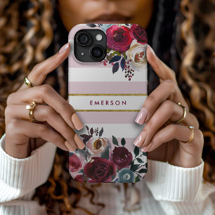 Coque Pour iPhone 15 Boho floral à rayures en rose poussiéreux avec mon