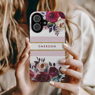 Coques iPhone 16 Boho Floral à rayures Monogramme Rose Poussiéreuse