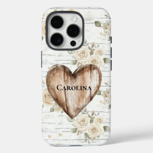 Coques iPhone 16 Pro Boho floral blanc Faux Coeur bois