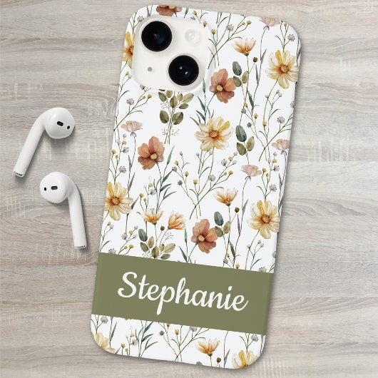 Coques Case-Mate iPhone Boho Green Watercolor Wildflower Name