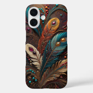 Coques iPhone 16 Boho Orné Métallisé Turquoise Orange Cuir iPhone