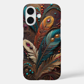 Coques iPhone 16 Boho Orné Métallisé Turquoise Orange Cuir iPhone