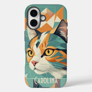 Coques iPhone 16 Boho retro abstrait portrait de chat orange vert