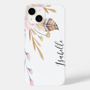 Coque Pour iPhone 14 Boho rose fleurs plumes blanc nom