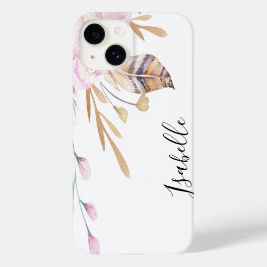 Coques Case-Mate iPhone Boho rose fleurs plumes blanc nom (Verso)