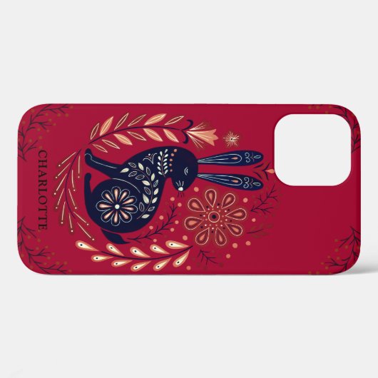 Coques Case-Mate iPhone Bois Personnalisé Rabbit Folk Art Sur Rouge (Verso (horizontal))