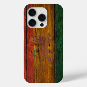 Coque iPhone 15 Pro bois reggae rasta drapeau lion musique art