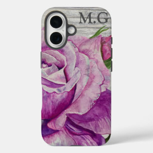 Coques iPhone 16 Bois rustique Aquarelle violet Rose Monogramme