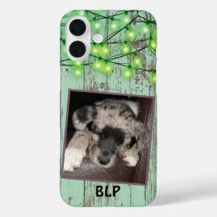 Coques iPhone 16 Plus Bois vert rustique personnalisé carré photo chiot