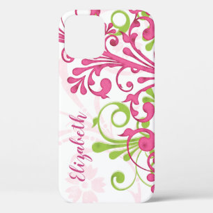 Coque iPhone 12 Boîtier couleur rose vert Floral Nom personnalisé