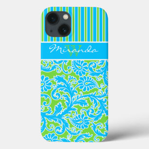 iPhone 13 Case Boîtier d'air bleu, vert, blanc rayé Damask 2 iPad