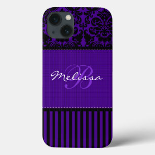 iPhone 13 Coque Boîtier d'air monogramme noir, pourpre Damask Stri