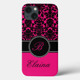 iPhone 13 Coque Boîtier d'air monogramme rose, noir, blanc Damas i