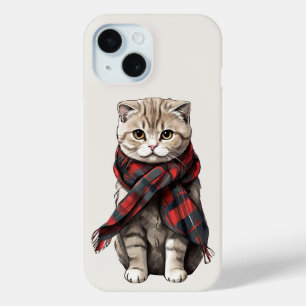 Coque Pour iPhone 15 Boîtier de téléphone de chat plié écossais