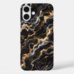 Coques iPhone 16 Plus Boîtier en marbre noir de luxe - Or élégant et bla