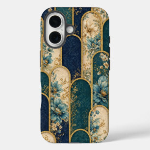 Coques iPhone 16 Boîtier iPhone à motif floral sarcelle et or de lu