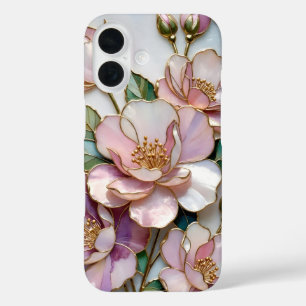 Coques iPhone 16 Boîtier iPhone Fleur de Verre Coloré Rose Fleur Or