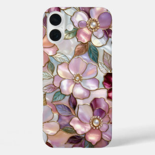 Coques iPhone 16 Plus Boîtier iPhone Fleur en Verre Coloré Rose Perle Or