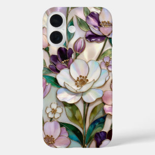 Coques iPhone 16 Boîtier iPhone Fleurs en Verre Coloré Blanc Violet