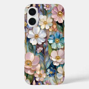 Coques iPhone 16 Boîtier iPhone Fleurs en Verre Coloré Bleu Rose Pa