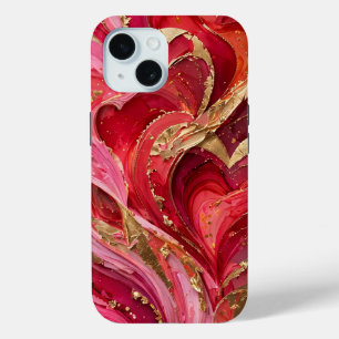 Coque Pour iPhone 15 Boîtier pour iPhone 15 en marbre rouge et rose or