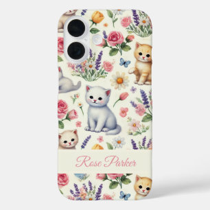 Coques iPhone 16 Boîtier téléphonique personnalisé Kitten et Floral
