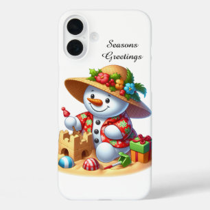 Coques iPhone 16 Plus Bonhomme de neige de plage de Noël festive personn