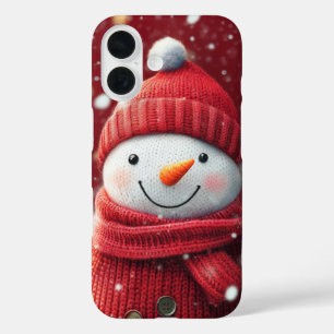 Coques iPhone 16 Bonhomme de neige souriant Cozy Rouge Tricot Noël