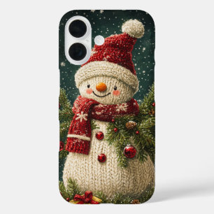 Coques iPhone 16 Bonhomme de neige tricoté Branches de sapin festiv