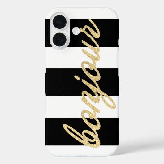 Coques Case-Mate iPhone Bonjour dans Gold Script Black Stripes Français He (Verso)