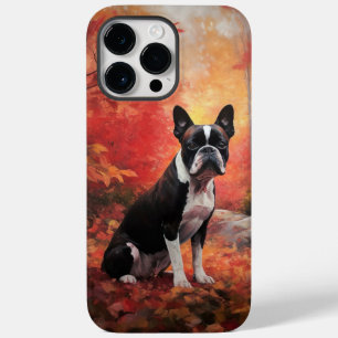 Coque Pour Pour iPhone 14 Pro Max Boston Terrier dans les feuilles d'automne qui tom