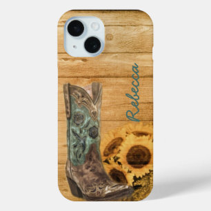 Coque Pour iPhone 15 Botte de cowboy tournesol Western Country patinée