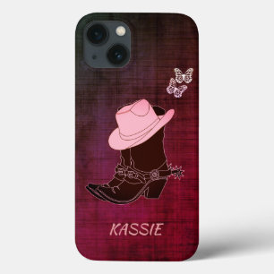 Etui iPhone 13 Botte de cowgirl Chapeau Papillon Bordeaux Personn