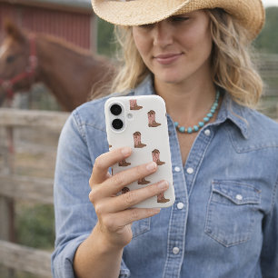 Coques iPhone 16 Bottes de cowboy rose avec fausses étoiles scintil