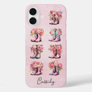 Coques iPhone 16 Plus Bottes de cowgirl roses avec fleurs monogrammées