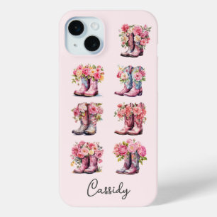 Coque iPhone 15 Mini Bottes de cowgirl roses avec fleurs monogrammées