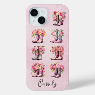 Coque Pour iPhone 15 Bottes de cowgirl roses avec fleurs monogrammées